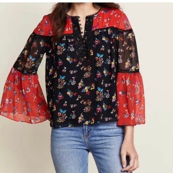 Rebecca Minkoff Red and Black Floral Bell Sleeve Luca Boho Blouse size XS - Picture 1 of 12